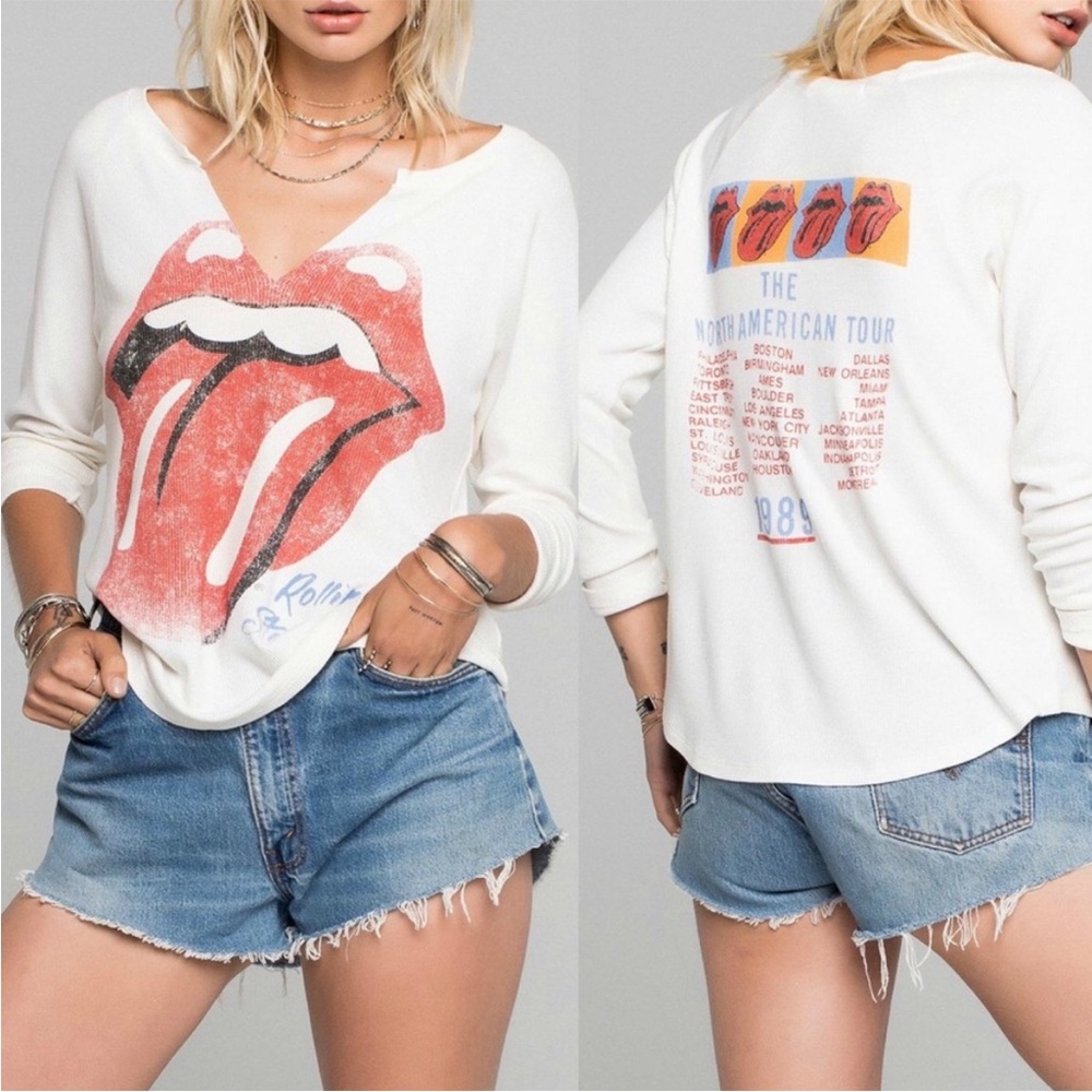 Free people X Daydreamer White Long Sleeve Tee with Red Graphic tee waffle